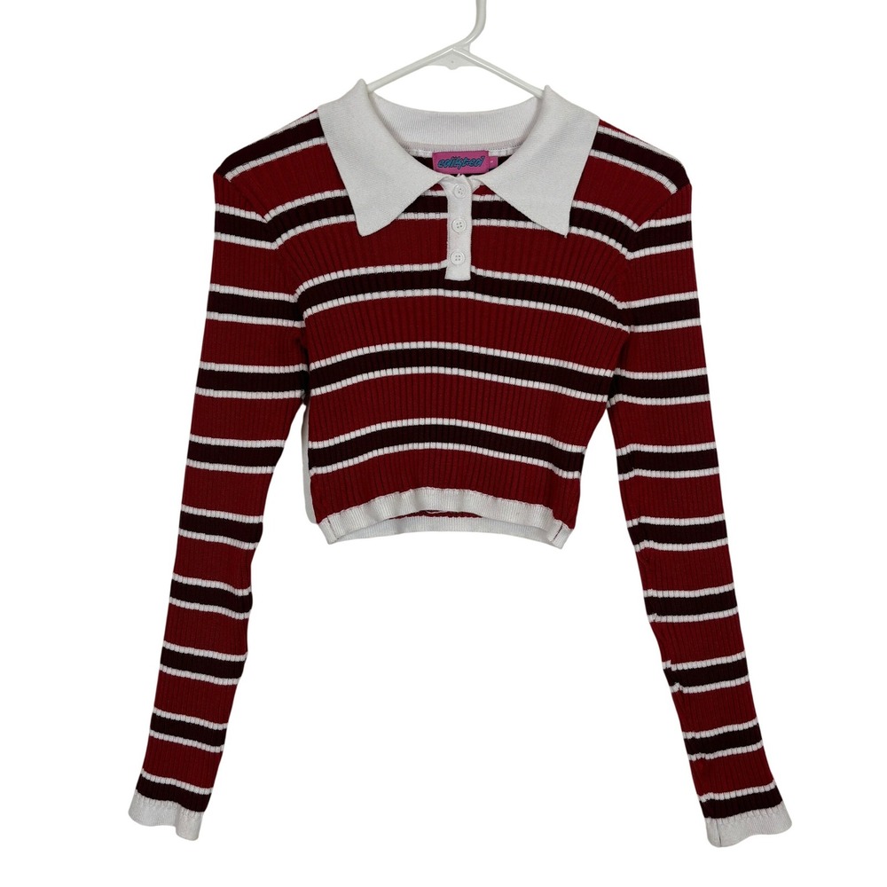 Edikted Striped Crop Top Womens S Red Ribbed Polo Y2K Retro Preppy Academia - Picture 2 of 12